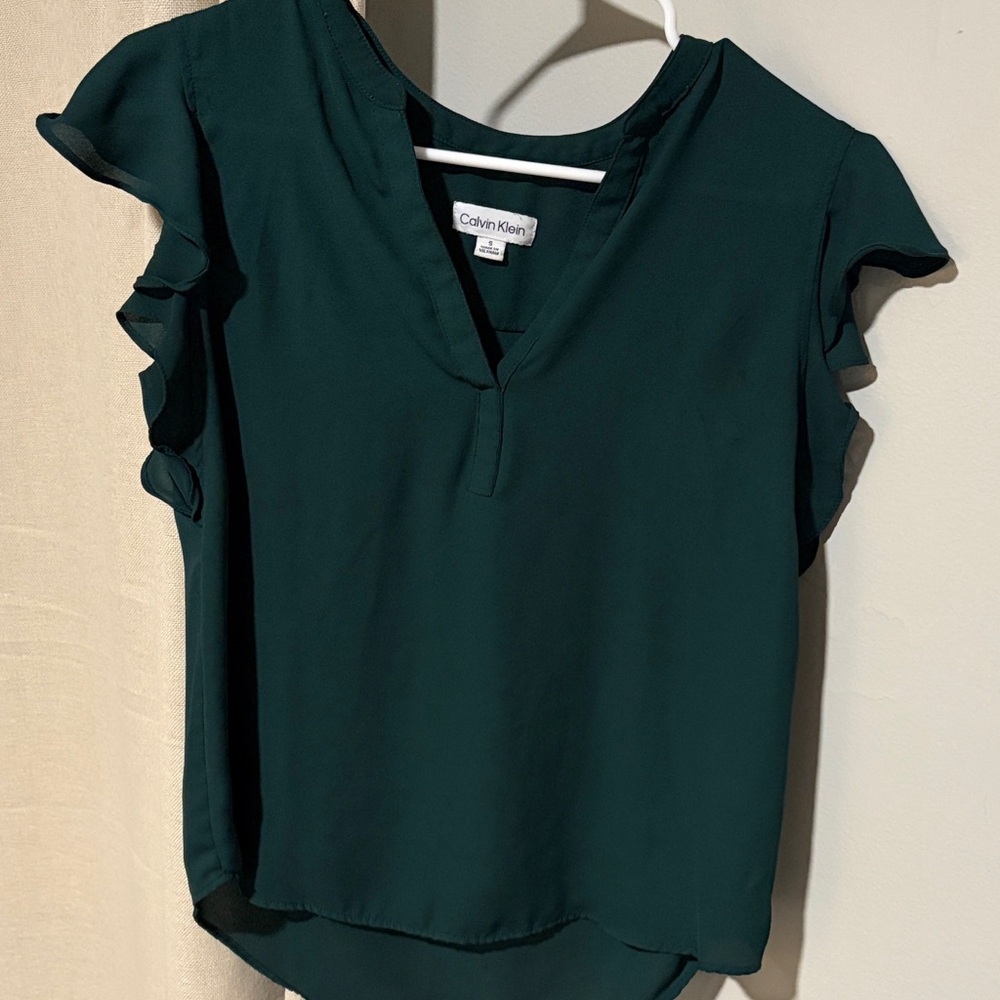 Calvin Klein Dark Green Flutter Sleeve Blouse